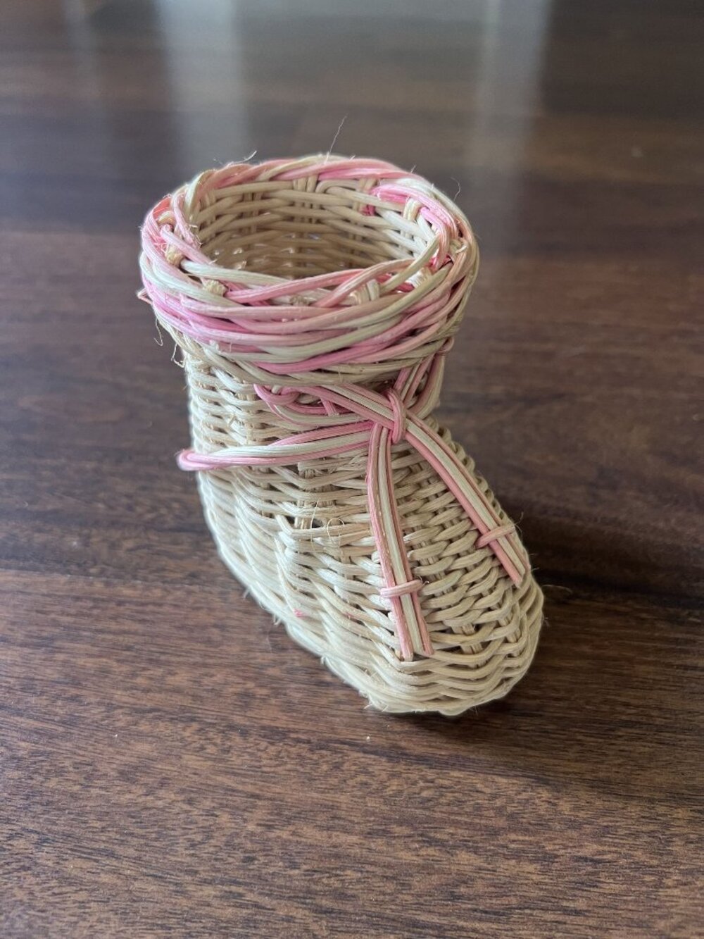 Woven Wicker Rattan Baby Boot Basket Pink Laces Small Decorative